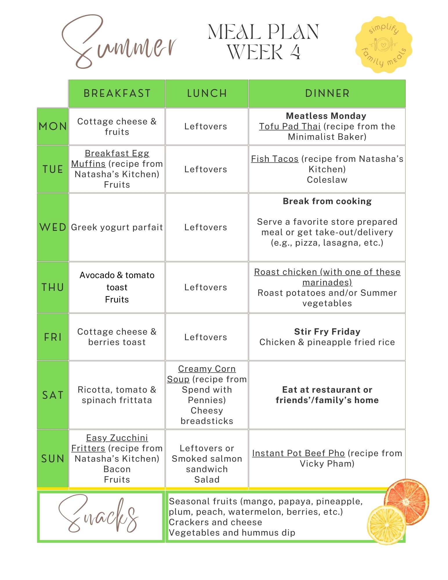 An image of the Summer Meal Plan Week 4 menu.