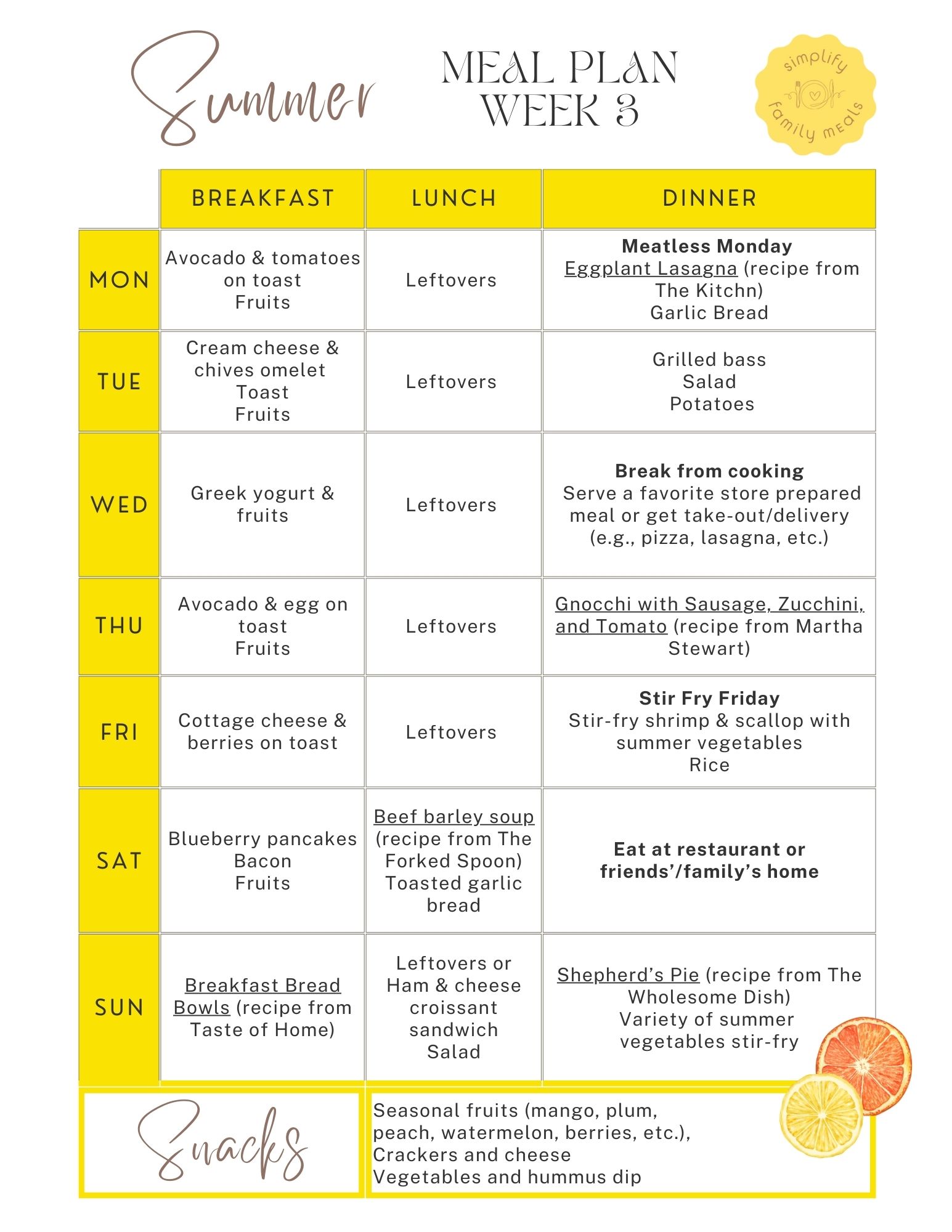 An image of the Summer Meal Plan Week 3 menu.