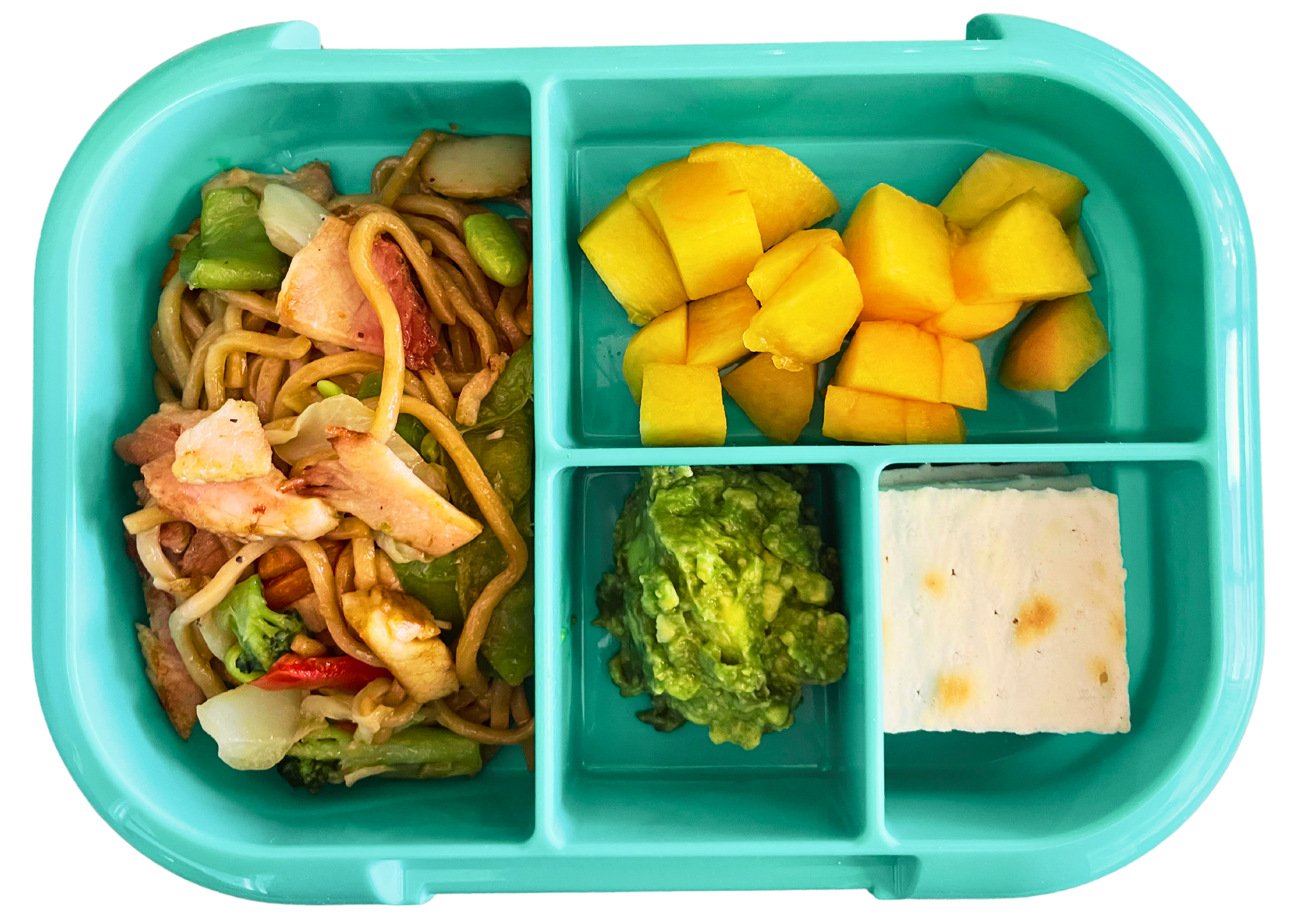 A bento box lunch with yakisoba, peach, avocado and crackers.