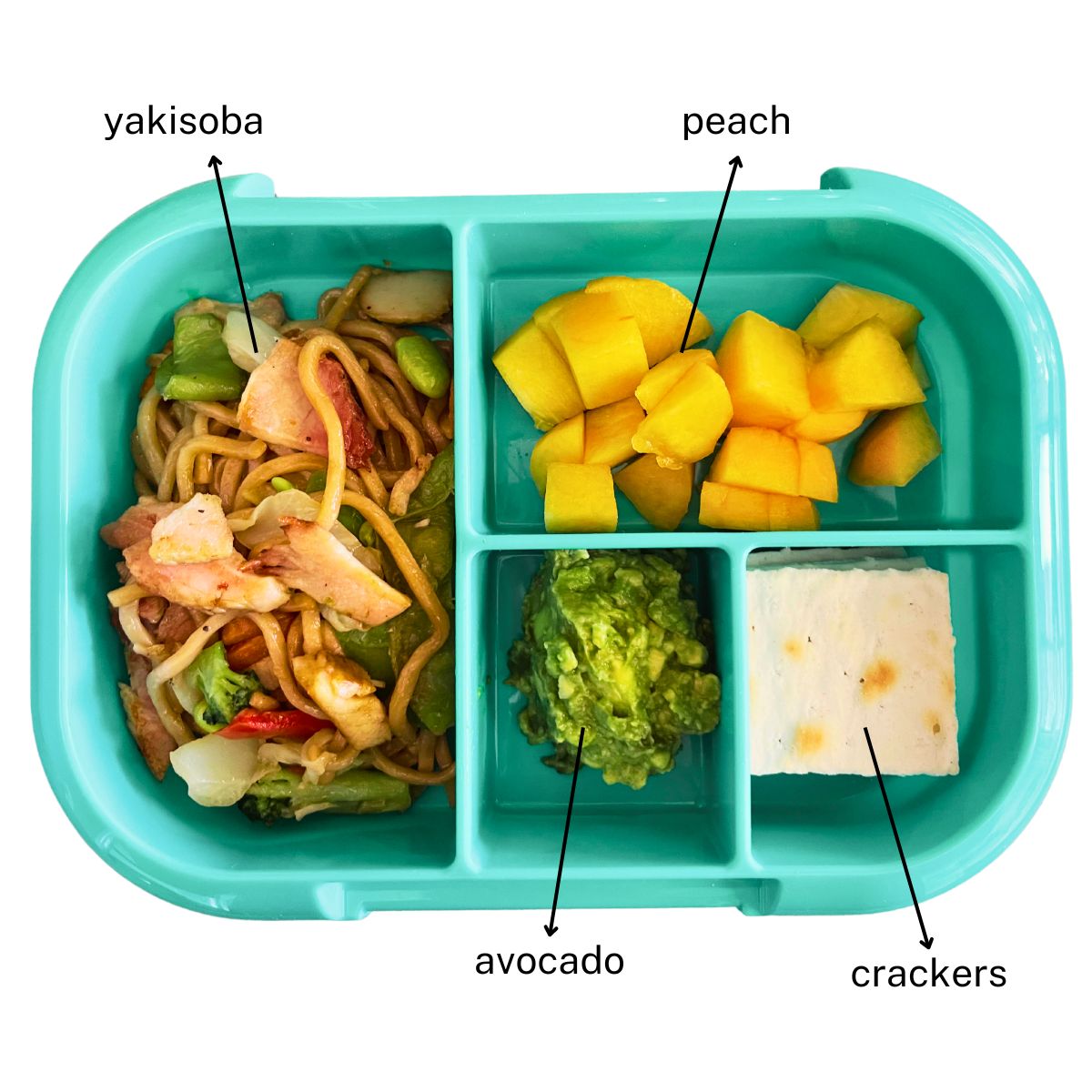 A bento box lunch with yakisoba, peach, avocado and crackers.