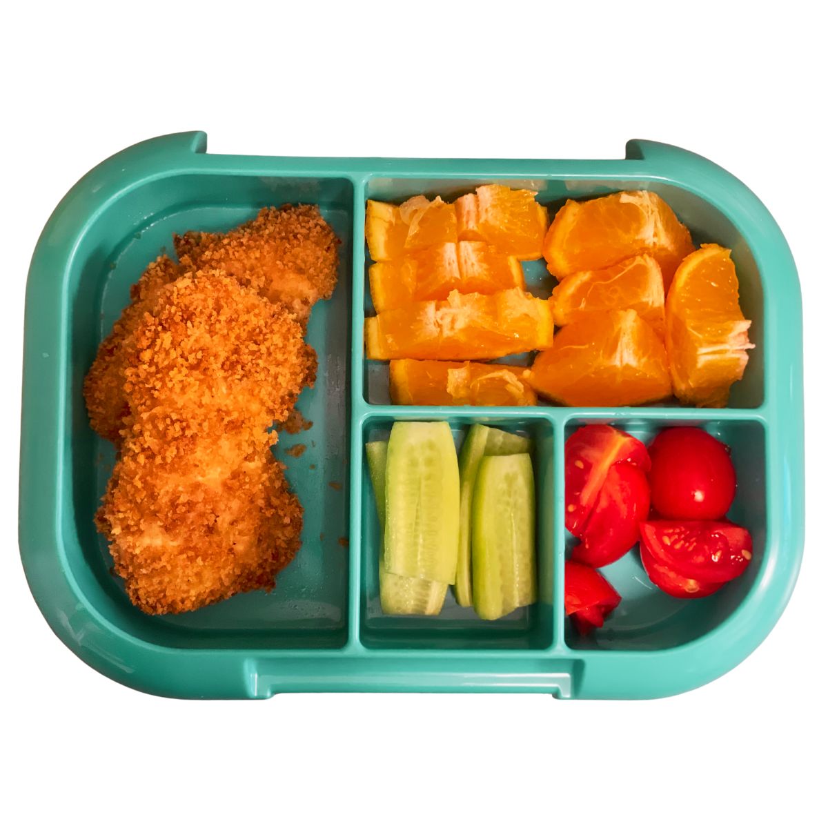 A bento box lunch with chicken fingers, cucumber, cherry tomato, and clementine.