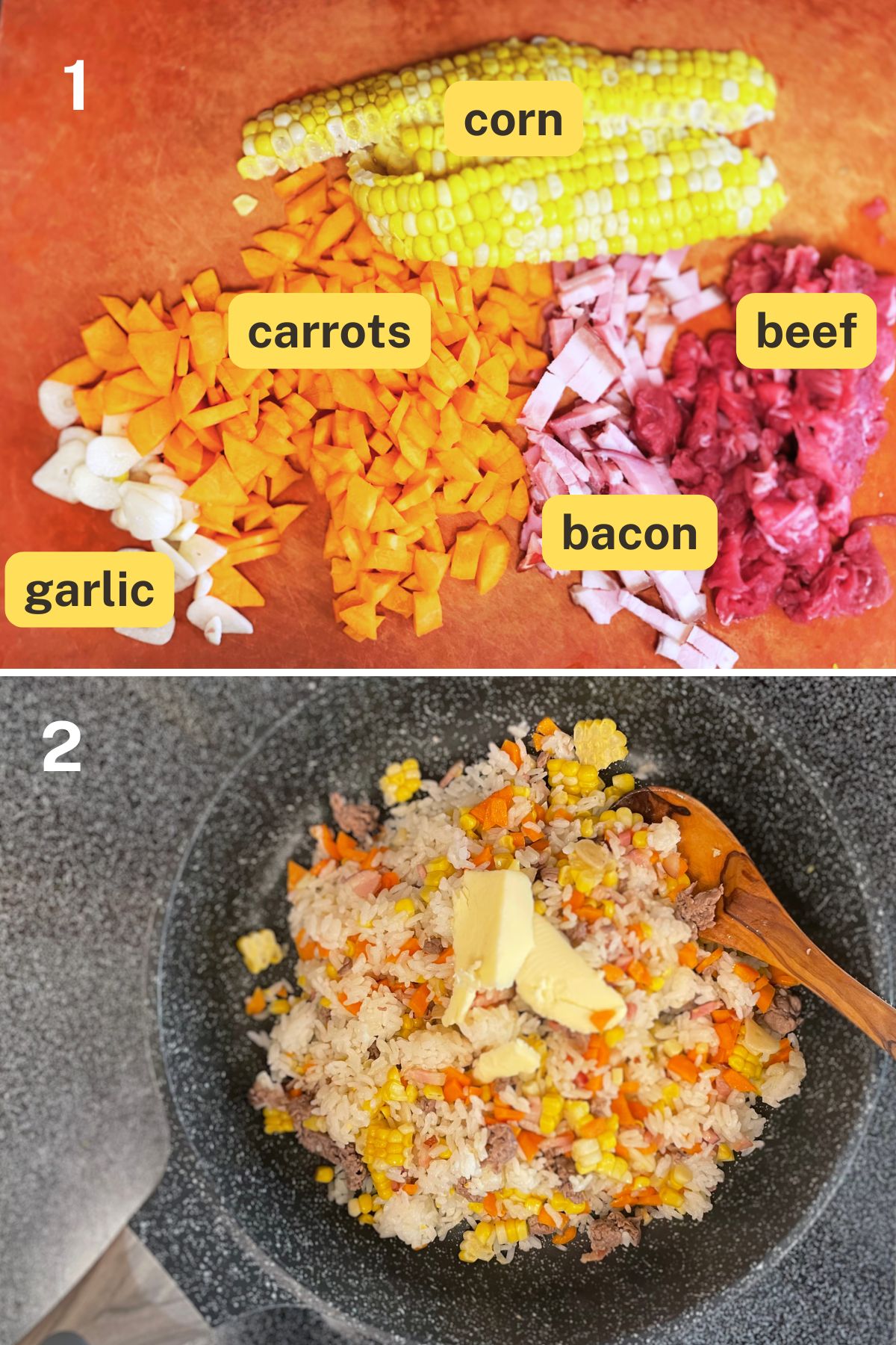 An image of the fried rice ingredients and an image of the fried rice cooking in a frying pan with a dollop of butter.