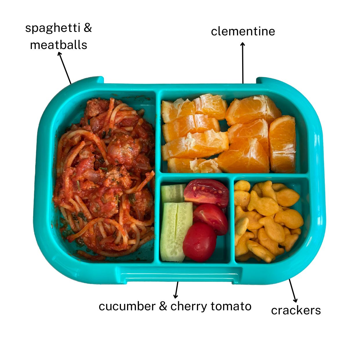 A bento box lunch with spaghetti and meatballs, cucumber, cherry tomato, fish crackers, and clementine.