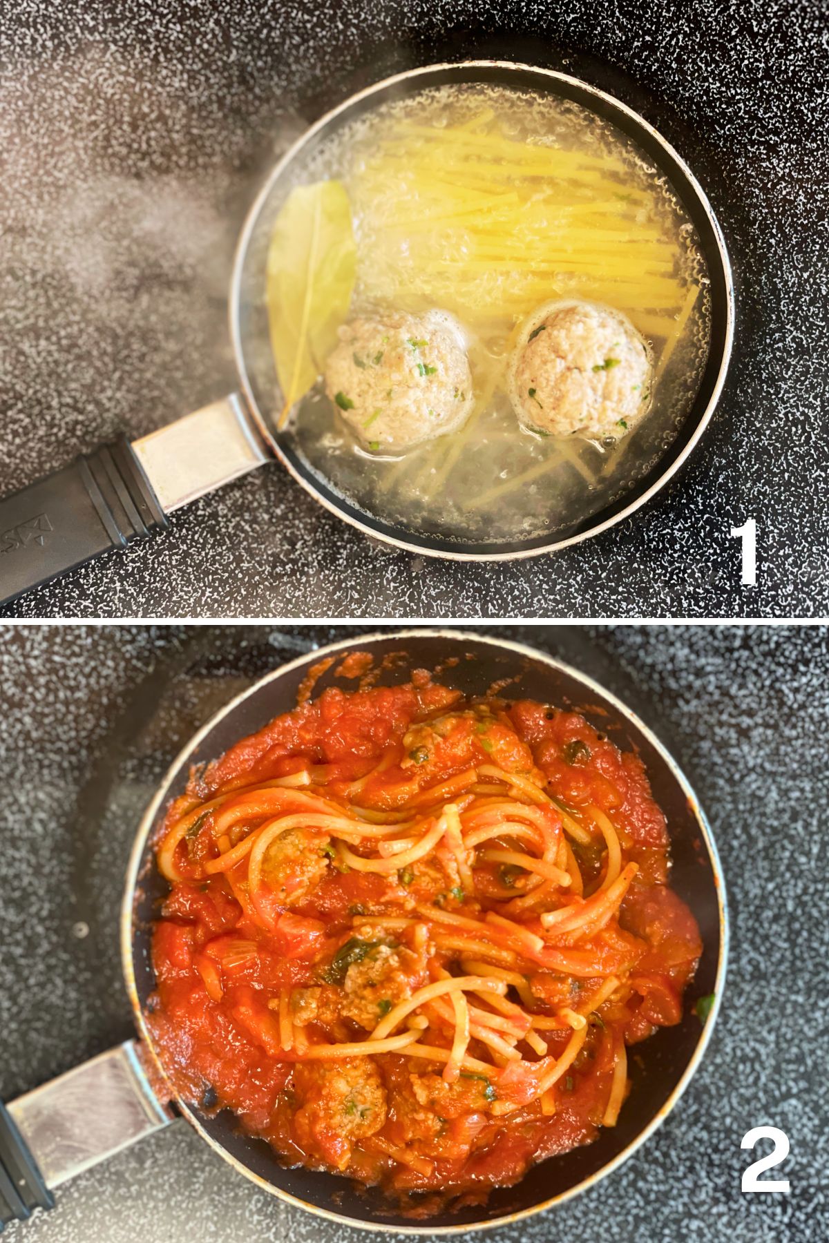 An image of pasta and meatballs cooking in a boiling water and an image of the pasta and meatballs cooking in tomato sauce.